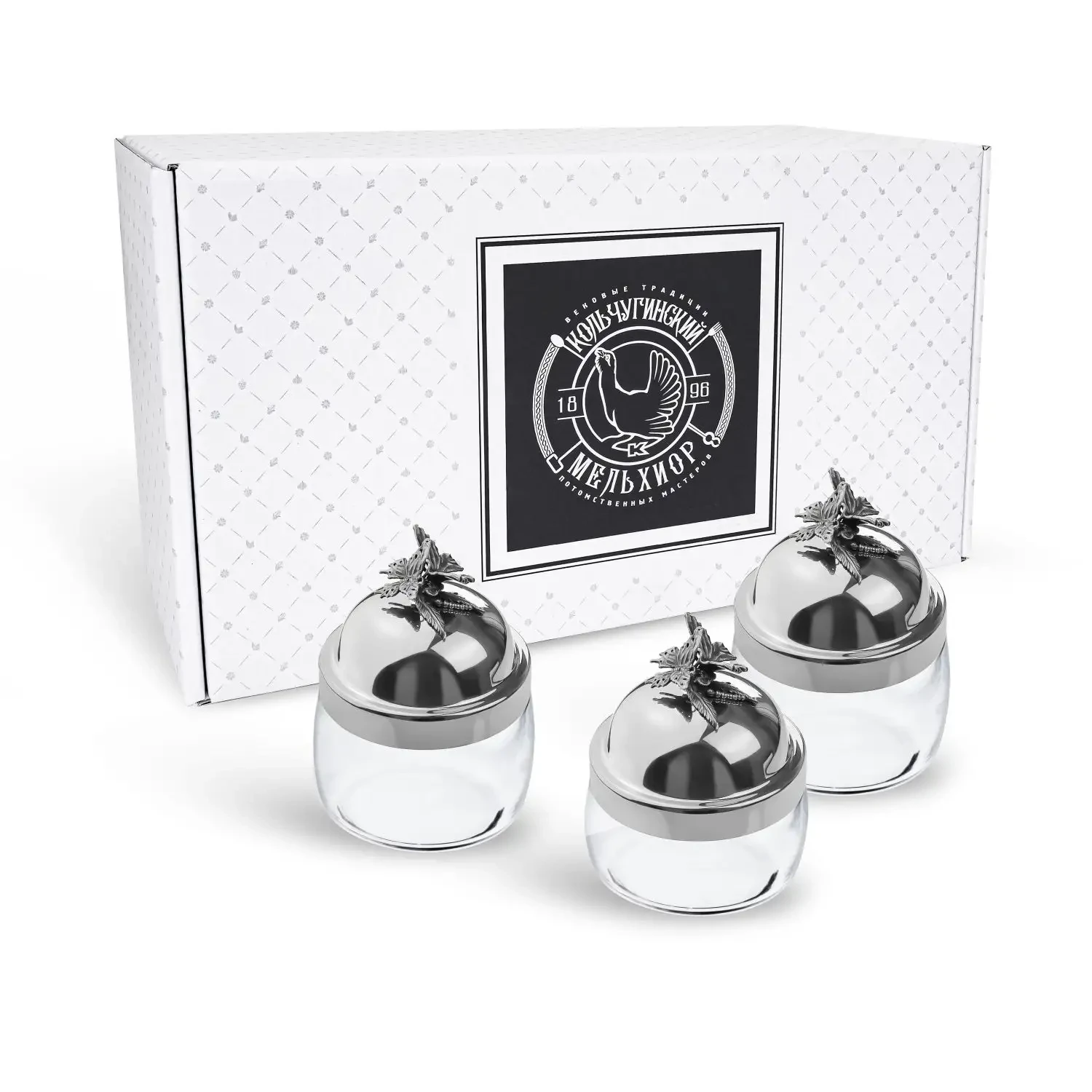 Набор банок с латунной посеребренной крышкой с чернением (420 мл, 420 мл, 500 мл) "Бабочки" 3 предмета