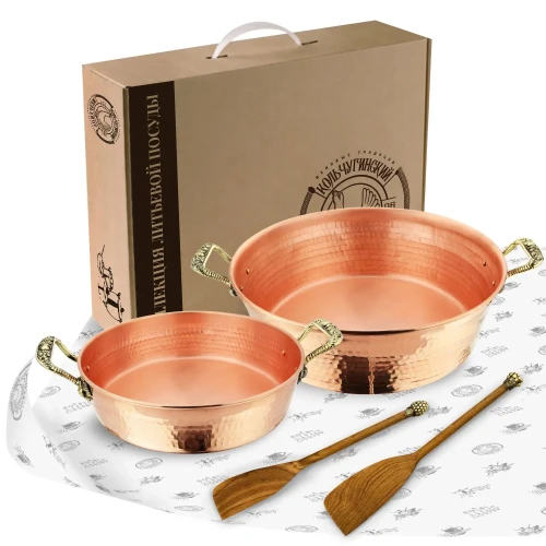 Набор медных кованных тазов 3 и 6 литра с лопатками "Ягоды" Набор медных кованных тазов 3 и 6 литра с лопатками "Ягоды"