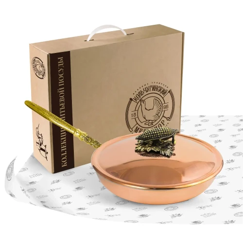 Сковорода средняя медная с луж. с медной крышкой "Кукуруза" с резной ручкой Сковорода средняя медная с луж. с медной крышкой "Кукуруза" с резной ручкой