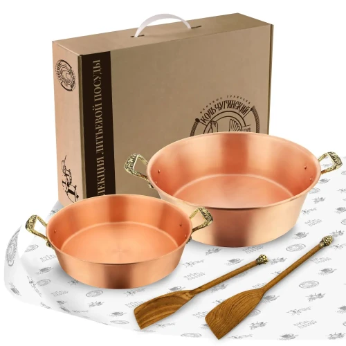 Набор медных тазов 3 и 6 литра для варки варенья с лопатками "Ягоды" Набор медных тазов 3 и 6 литра для варки варенья с лопатками "Ягоды"