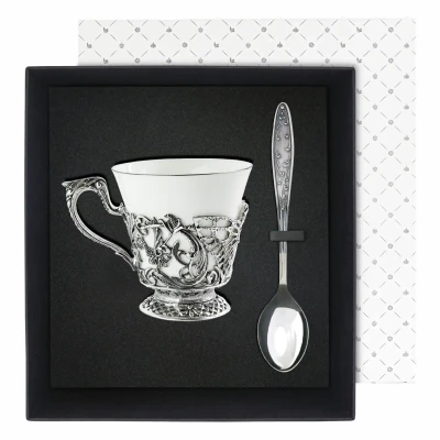 Набор чашка чайная "Фея" посеребренная с чернением 2 предмета