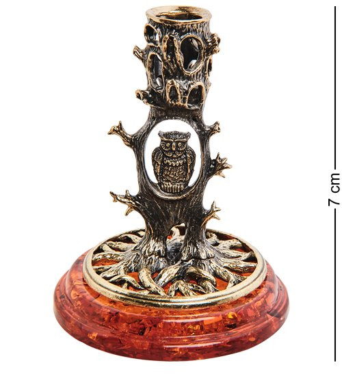 AM-3048 Подсвечник "Сова в лесу" (латунь, янтарь)