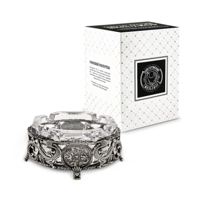 Пепельница "Дракон" с хрустальной вставкой посеребренная с чернением